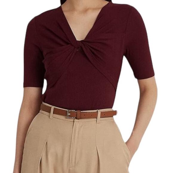 Lauren Ralph Lauren Mariya Mid Sleeve Twist Front Rib Knit Tshirt NEW Size Small - Picture 2 of 7